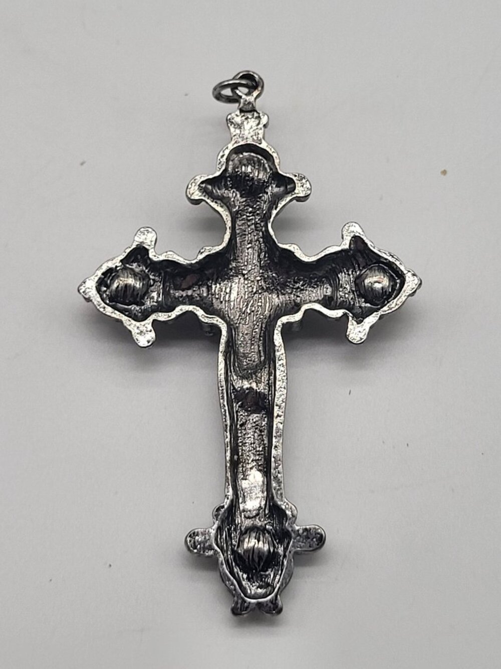 Silver Tone Cross Pendant Red Blue Clear Decorated Religious Spiritual Ornate - Picture 3 of 5